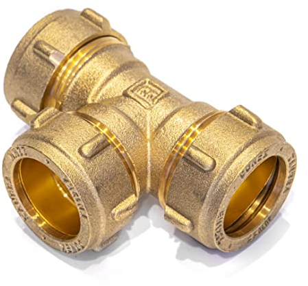 Klemmverschraubung für Kupferrohr T-Stück 22 mm – DVGW zertifizierte Klemmringverschraubung aus Messing – Rohrverschraubung für Heizung, Wasser, Solar, Druckluft