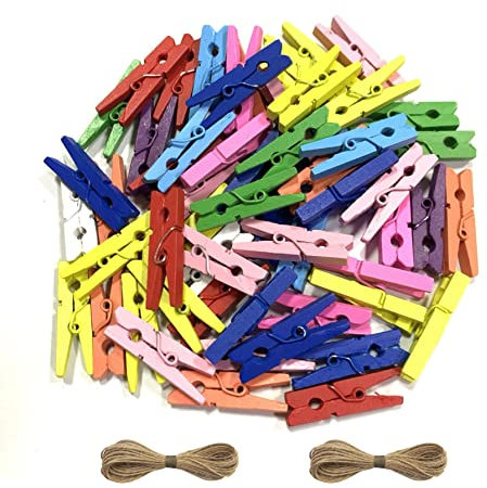 Paquete de 200 alfileres de madera de colores, 10 colores con cordel de yute de 66 pies, clips de arco iris para fotos, imágenes, colgar ropa (2.85 pulgadas)