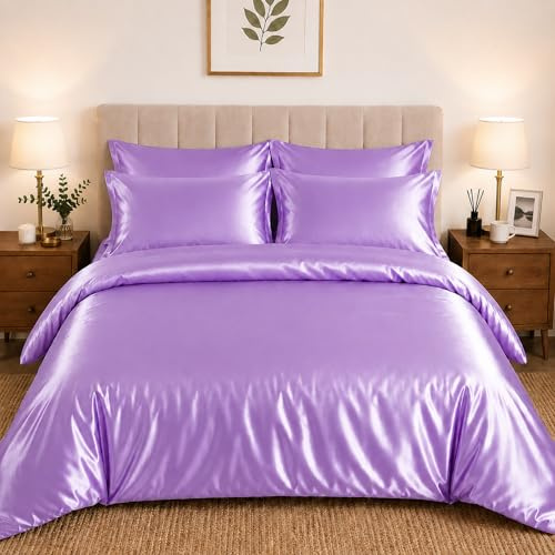CHARKHAH Satin Silk 6 Piece Complete Bedding Set Durable Silky Fabric with Single Double King Size Bed Fitted Sheet Duvet Cover Comforter and 4 Pillow Cases (Single, Lilac)