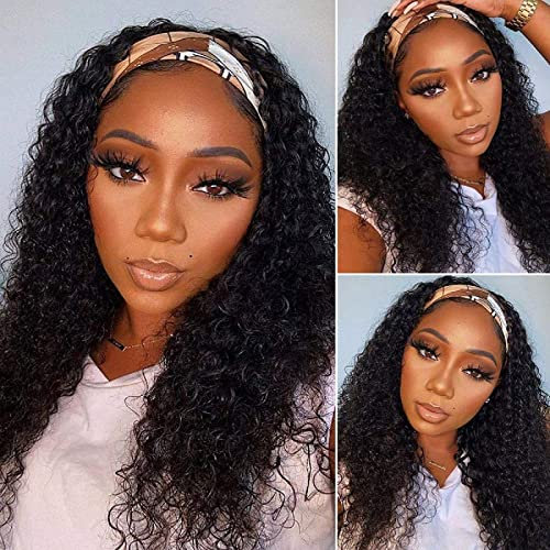 Rebasar Perruque Bandeau Cheveux Humain Deep Wave Perruque Femme Naturelle Brésilien 16 Pouces(40cm) 150% Densité Bouclée Non Lace Curly Headband Wig Noire Naturelle
