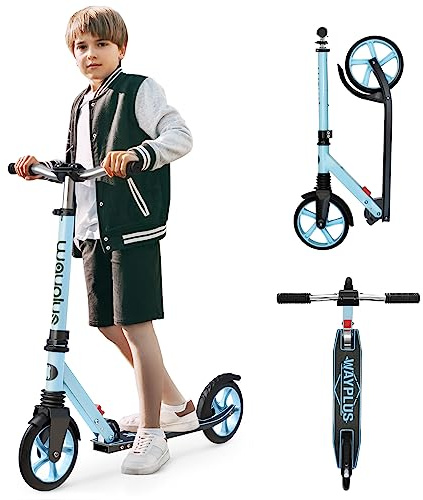WAYPLUS Kick Scooter for Kids and Teens, Blue, 8-Inch, Foldable, Lightweight, Safety Features, Smooth Ride, Adjustable Height