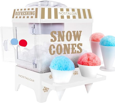 Nostalgia Snow Cone Máquina de hielo raspado – Máquina de granizado retro de mesa hace 20 golosinas heladas – Incluye 2 vasos de plástico reutilizables y cuchara de hielo – Blanco