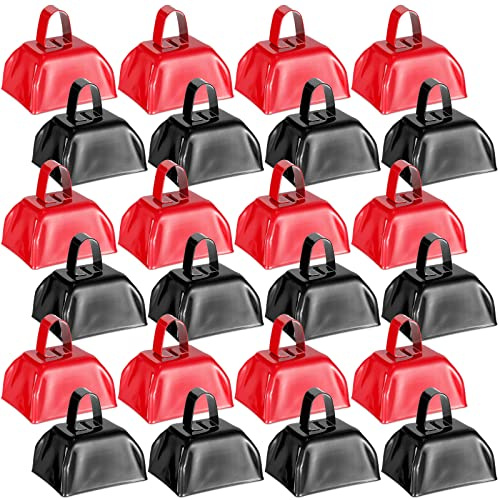 24 Stück Metall-Kuhglocken mit Griff, Kuhglocken, Geräuschmacher für Sportveranstaltungen, kleine Kuhglocken, laute Glocken, Geräuschmacher, Rufglocken für Hochzeiten, 7.1x7.1x6.3 cm (rot, schwarz)