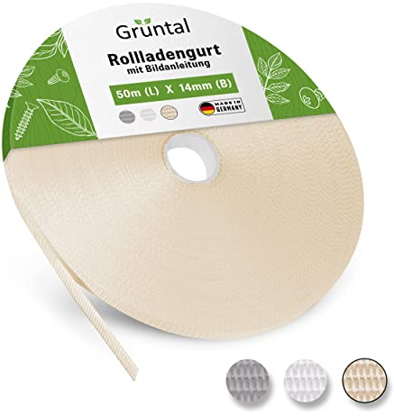Grüntal® Cinghia per tapparelle, 50 m, 14 mm, colore beige [Made in Germany] con istruzioni, elevata stabilità grazie ai doppi bordi a tessitura, cambio rapido della cinghia per tapparelle
