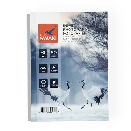 BLUE SWAN A3 fotopapper 200 g/m² 50 ark – Högglansig yta, vattenavvisande & snabbtorkande – Enkelsidigt belagt, perfekt för foton, affischer, presentationer, certifikat & broschyrer