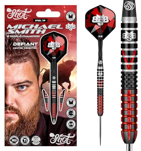 Shot! Steel Darts | Michael Smith | Bully Boy | Defiant | 90% Tungsten Steeltip Darts | Steeldart | Hochwertige Tungsten Dartpfeile Set mit Schäften und Flights | Made in Neuseeland | 22 Gramm