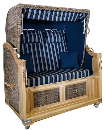 Strandkorb Teak XL Koboo, blau/grau Stoff herausnehmbar, 2½ Sitzer Voll-Liegemodell