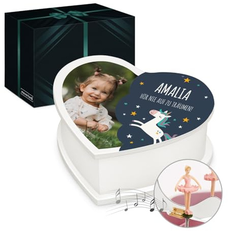 Maverton personalisierte Musikschmuckdose in Herzform mit Aufzieh-Spieluhr - Schmuckkästchen Ballerina Spieldose - Herz Schmuckkiste für Mädchen zur Taufe Erstkommunion - zu Weihnachten - Träume