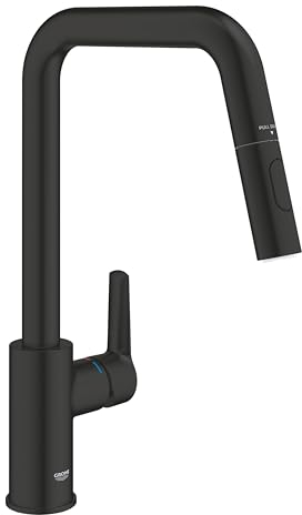 GROHE Start Mitigeur Monocommande Evier, Mitigeur Cuisine, Bec Haut, Douchette Extractible, Inverseur 2 jets (Laminaire/Pluie), Rotation 360°, Installation Facile, Noir Mat, 306312430
