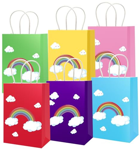 18 Stück Geschenktüten Regenbogen Papier Partytütenaus mit Henkel 16x22x8cm | Kraftpapier Geschenktüten, Candy Kekstüten Tüten, für Weihnachten Kinder Geburtstag Hochzeit Party 6 Farben