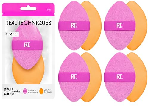 Real Techniques Miracle 2-in-1-Puderquasten, doppelseitiger Puderquast, wendbares Gummiband, Präzisions-Make-up-Schwamm und Puderquaste, für Flüssig-, Creme- und Puderprodukte, 4er-Pack