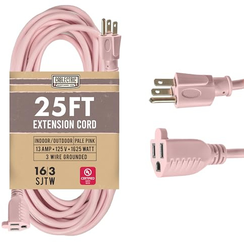 Cablectric Outdoor Extension Cord 25 ft - 16 Gauge 13 Amp Heavy Duty Power Extension Cords - SJTW - Great for Small Appliances, Outdoor Lights, Garden Supplies - Pink