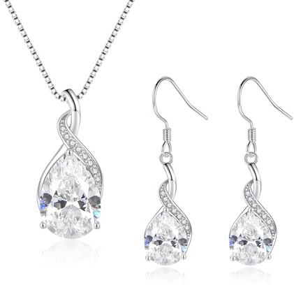 Loutade Silber Schmuckset für Damen, 925 Sterling Silber Wassertropfen Schmuckset, Unendlichkeit Tropfenfürm Anhänger mit 45 + 5cm Silberkette & Ohrhänger Set für Geburtstag Muttertag Hochzeitstag