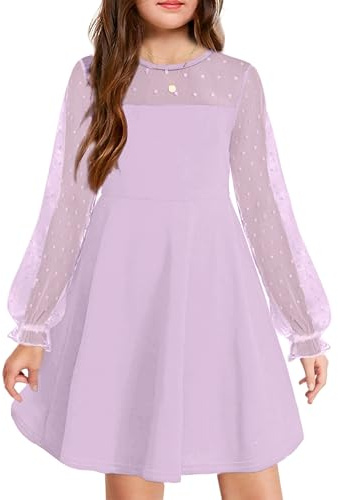Arshiner Robe pour Fille Robe à Manches Longues Robe d'automne en Maille Une Ligne Robes de soirée décontractées avec Poches Robes pour Enfants de 6 à 13 Ans
