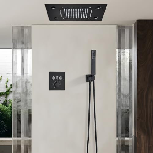 TVTIUO Sistema de Ducha Completo Negro Mate, 49 x 35cm Ducha de Lluvia, Sistema de Ducha Termostática, Cabezal de Ducha Cuadrado con Teleducha, Mando a Distancia