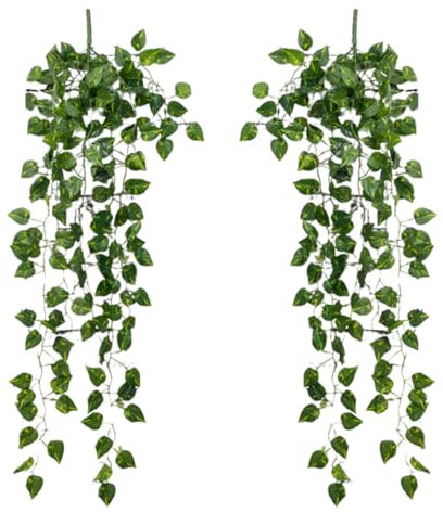 2 Bündel künstlicher Pothos, gefälschte hängende Blätter, künstliche Pflanzen, Wandbehang, Efeu, grüne Ranken, geeignet für Heimbüro, Innen- und Außengründekoration, Raumhochzeitsdekoration