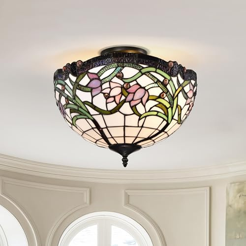 BELOFAY Tiffany Ceiling Light Semi Flush Stained Glass Art Deco Handmade Uplighter Shade Ceiling Lights for Living Room, Bedroom, Dining Room and Kitchen 16x11 Inches (WxH) (Wild Vine)