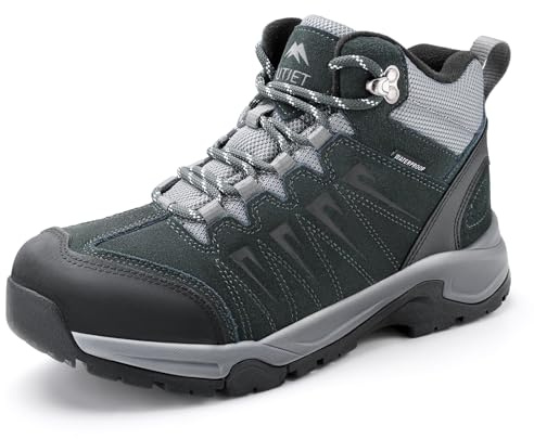 OUTJET Men's Waterproof Walking Boots Lightweight Comfortable Leather Mid Ankle Hiking Boots Charcoal Green