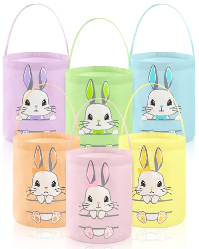 Photect 6 Pcs Easter Bunny Canvas Basket for Kids Colorful Rabbit Bucket Bag with Handles Reusable Egg Hunting Treat Candy Goody Tote Bags for Party Game Favor Gifts Supplies(Bright)