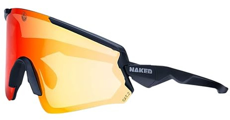 NAKED Optics Falcon sportglasögon herr, cykelglasögon dam, sportsolglasögon med UV-skydd, magnetiskt svettband, utbytbara glas (svart – rött glas (polariserat))