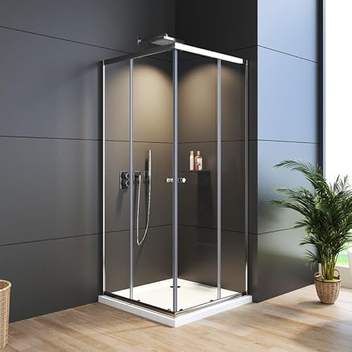 WDWRITTI Eckeinstieg Duschkabine Schiebetür 90x90x185cm Glas Duschabtrennung, Eckeinstieg Duschwand Schiebetüren Echtglas Duschtür aus 6mm Nano Sicherheitsglas, Eckdusche Höhe 185cm