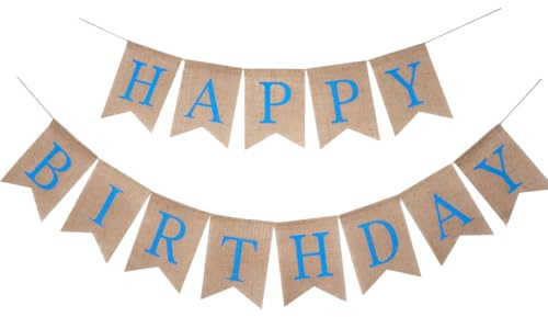 Happy Birthday Wimpelkette aus Sackleinen, braunes Stoffbanner mit blauen Buchstaben für die Geburtstagsparty-Dekoration zu Hause oder draußen