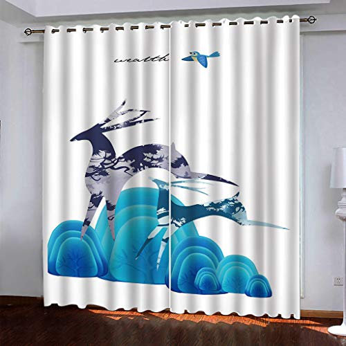 MAYNUO Blickdichte Vorhänge Mit Motiv 3D Blauer Baum Hirsch Kinder Gardinen Ösen Gardine Thermo 280x160 cm Schlafzimmer Kinderzimmer Vorhange Dekoratives Muster, Verdunklungsvorhänge