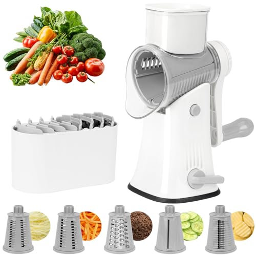 Rallador de Queso Manivela Giratoria,Rallador de Verduras 5 en 1 Ralladores de Cocina con 10 Cuchillas de Tambor Intercambiables Corte rápido para Zanahorias Queso y Pepinos