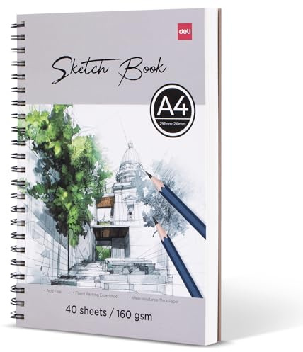 deli Skizzenbuch A4, Malblock DIN A4, 160 g/m² Zeichenpapier, 40 Blatt / 80 Seiten, Spiralgebundener Zeichenblock A4 – Zeichenbuch zum Zeichnen lernen, Sketchbook zum Zeichnen (Hochformat)