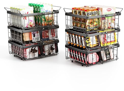 Elayu 6 cestas apilables para congelador, organizador ajustable, organizador para congelador, cestas apilables, color negro, longitud extensible 29-46 cm