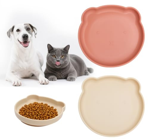 KQDRAVINE Silikon Katzennapf Flach,2 Stk Futternapf Hund,Futternapf Katze für Kleine Kätzchen,Breit Katzen Futternapf mit Saugnapf—Rutschfest, Katzen Napf für Trockenfutter Nassfutter (Cremeweiß&Rosa)