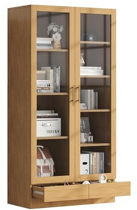 Bücherregal Vitrinenschrank Bücherschrank mit 2 Glastüren und Schubladen, Hochschrank Vitrine Aktenschrank für Wohnzimmer Küche Esszimmer Büro, 80×40×160cm