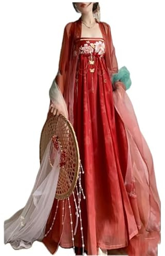 Red Hanfu Dress Women Chinese Tang Dynasty Vintage Embroidered Hanfu Cosplay Costume Plus Size (M size fit weight 99.20-143.2lbs)