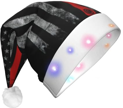 KAPPTYY Sombrero de Papá Noel con bandera de línea roja con hacha de bombero, sombreros de Navidad para adultos, unisex, de felpa, divertido sombrero de Navidad