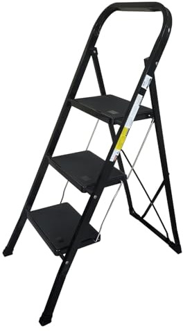 Escabeau à 3 marches BM TOOLS BMT-ESC3-BLACK, Haut. de Travail : 70,5 cm, se Range Facilement, Marches Anti-dérapantes - Noir