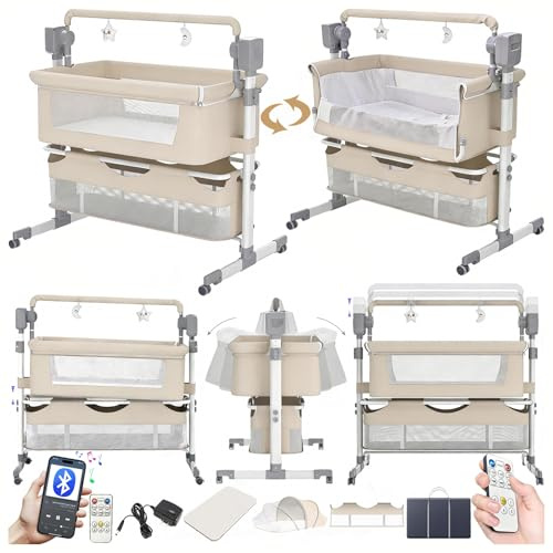 Magic ZC Elektrische Bluetooth Intelligent Beistellbett Baby mit Rollen, Faltbar Co-Sleeping Babybett, Stubenwagen Kleinkind Wiege mit Fernbedienung, Musik und 5-schwankende Zahnräder (601 Beige)