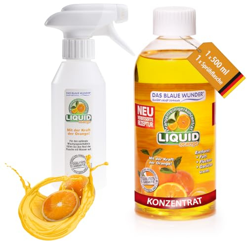 Das blaue Wunder Liquid Orange Orangenreiniger 500 ml Konzentrat, Allzweckreiniger für den Haushalt, Universalreiniger für Küche Bad Auto, inkl. Sprühflasche
