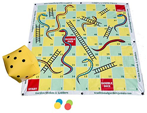 Original Organics Giant Snakes & Ladders Outdoor Garden Game – 2m x 2m Mat with Oversize Inflatable Dice, 4 Foam Counters & Pegs – Family Board Game for Kids & Adults