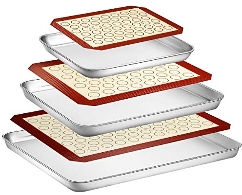 Wildone Backblech mit Silikonmatte Set, 6er Set (3 Bleche + 3 Matten), Edelstahl-Backblech mit Silikonmatte, ungiftig & strapazierfähig & leicht zu reinigen