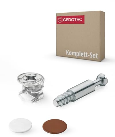 Gedotec Minifix Furniture Connector Eccentric Cabinet Connector 15 mm | Complete Set - Made in Germany | Brown & White Cover Caps | Drill Hole Diameter 5 mm