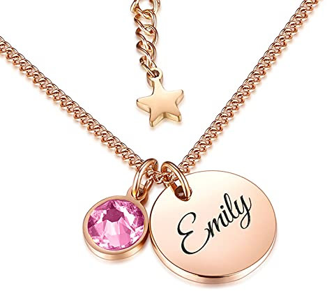 TMT Personalised Birthstone Name Necklace with Gift Box engraved for Daughter Mum Best Friend Girlfriend Birthday 18th 21th 30th 16th 13th Letter Initial Necklace Pendant