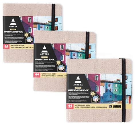 Arteza Aquarell-Skizzenbuch 14 x 14 cm, 3er-Pack mit jeweils 88 Seiten, 230g/m² kaltgepresstes säurefreies Aquarellpapier, beiger Leineneinband, für Aquarell- und Mischtechnik