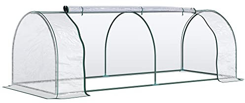 Outsunny Mini Greenhouse, Small Polytunnel Green House with Zipped Doors, Steel Frame for Garden Patio, 250 x 100 x 80cm, Clear