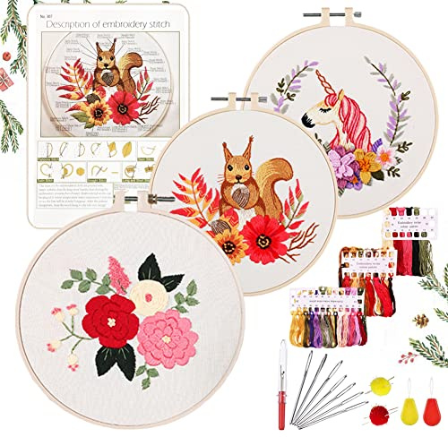 YINVA Anfänger Stickerei Set Stickerei Set, Blumenmuster Pflanzen Kreuzstich-Kit Starter Tools Kit mit 3 Stück Kunststoff-Stickrahmen, für DIY Kunst, Handwerk, Nähen