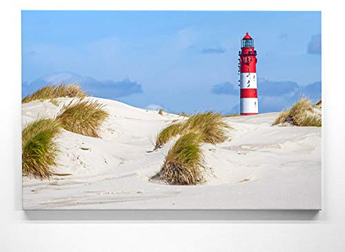 BilderKing Atemberaubendes Nordsee Leinwand-Bild 90x60cm, Motiv Dünen & Leuchtturm. Ein einzigartiges Wandbild als Deko für Wohnzimmer, Schlafzimmer, Küche. Aufgespannt auf Holzrahmen