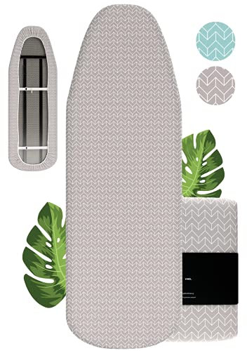 VINEL Bügelbrettbezug 140x45 mit kräftigem Gummizug ︎| Der Nr. 1 Bügeltischbezug - 100% Baumwolle ︎+ Komfort Polster 140x40 für Dampfbügeleisen & Dampfbügelstation (Grau, XL)