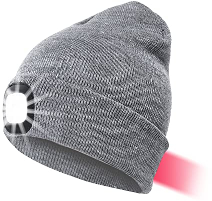 Sorfia LED Mütze Kappe Mit Vorne Hinten Licht, Herren Damen Kappe Strickmütze USB Nachladbare Lampe, 8 LED Beleuchtung und Blinkende Warnungs,Winterwärmer Strickkappe Stirnlampe Laufmütze(Hellgrau)