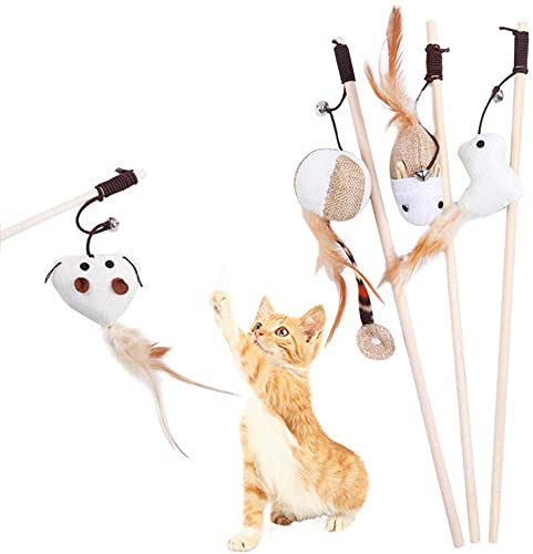 Gotetiso Katzenspielzeug Set 4 Stück Interaktive Katzenspielzeug Angel mit Federn und Glocken für Erwachsene Katzen, Small Breeds