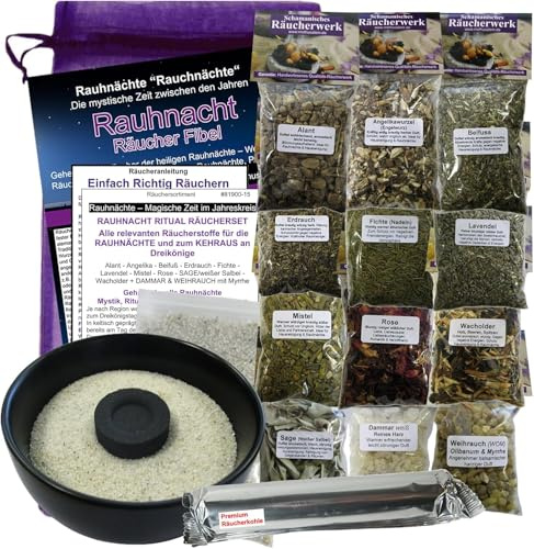 Naturheilmittel Heilsteine Methusalem GmbH Neu-Ulm Rauhnacht-Räucherset 19-TLG Ritualset 12x Räucherwerk + 7x Zubehör mit RÄUCHERSCHALE & Rauhnacht-Fibel. 81900-15S