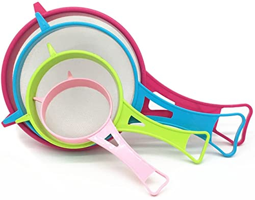 LATRAT Juego de 4 piezas de colador de harina de plástico y colador de alimentos fino, mango de plástico, coladores de malla fina para té, arroz, frutas, verduras, herramientas de cocina